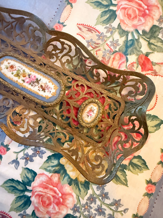 Stunning Ormolu & Hand Painted Porcelain Pen Tray