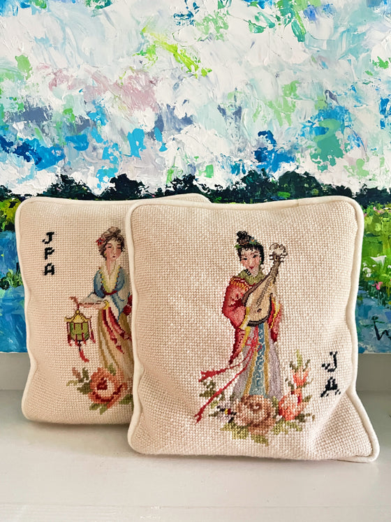 Beautiful Pair of Handstitched Needlepoint Pillows